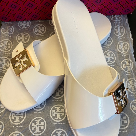 Tory Burch Shoes - Tory Burch White Sandals with Gold Logo